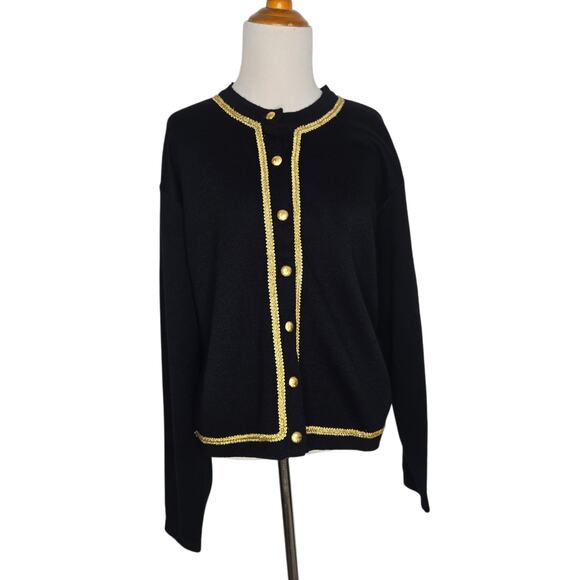 Vintage Talbots Wool Cardigan Sweater Black Gold Trim Holiday Women Large - Picture 1 of 11